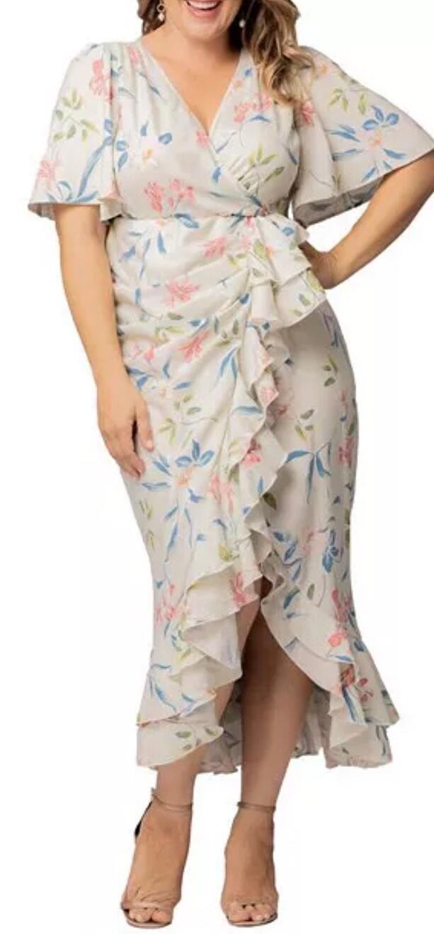 Kiyonna Light Blue Alexandra Ruffle Faux Wrap Gown Dress 1X NWT